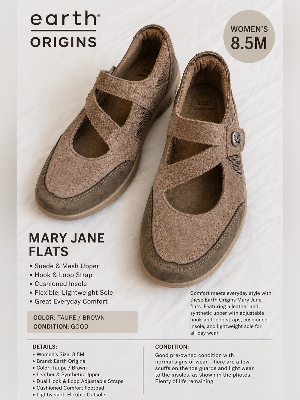 Earth Origins Taupe Leather Mary Jane Comfort Shoes Women’s 8.5